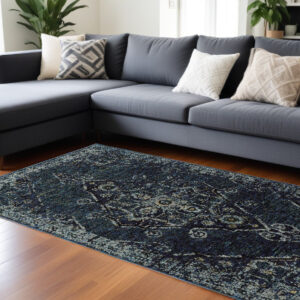 10' X 13' Blue and Ivory Oriental Power Loom Area Rug
