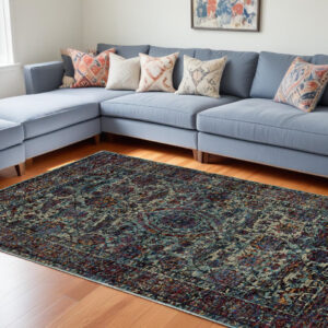 9' X 12' Blue and Purple Oriental Power Loom Area Rug