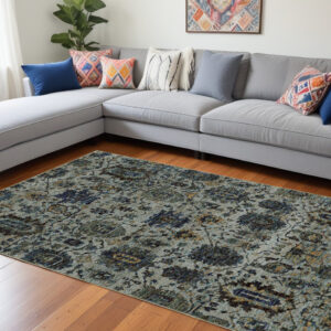 7' X 10' Blue Green Oriental Power Loom Area Rug