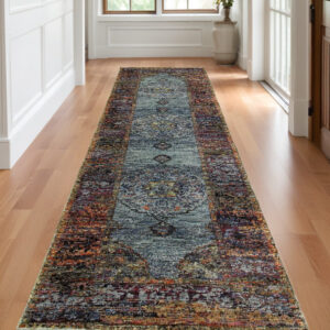 12' Blue And Red Oriental Runner Rug