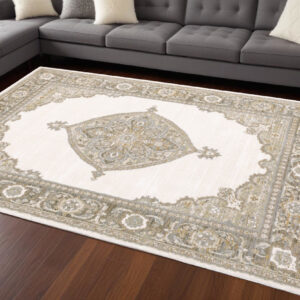 7' X 10' Beige and Ivory Oriental Power Loom Area Rug