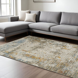 10' X 13' Beige Grey Brown Gold Red And Blue Abstract Power Loom Stain Resistant Area Rug With Fringe