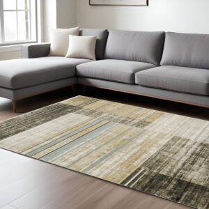 10' X 13' Beige Charcoal Brown Grey Tan Gold And Blue Geometric Power Loom Stain Resistant Area Rug With Fringe