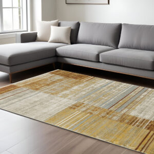 6' X 9' Rust Gold Blue Grey Ivory And Tan Geometric Power Loom Stain Resistant Area Rug With Fringe