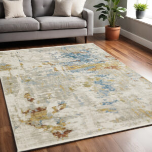 5' X 8' Beige Grey Gold Blue Rust And Teal Abstract Power Loom Stain Resistant Area Rug With Fringe