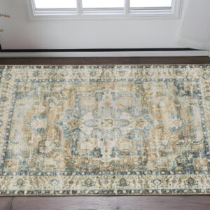 2' X 3' Blue And Gold Oriental Printed Non Skid Area Rug
