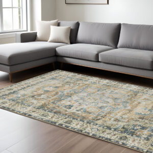 7' X 10' Blue and Gold Oriental Non Skid Area Rug