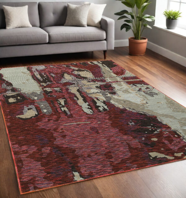 5' X 7' Red and Beige Abstract Power Loom Area Rug - Image 2