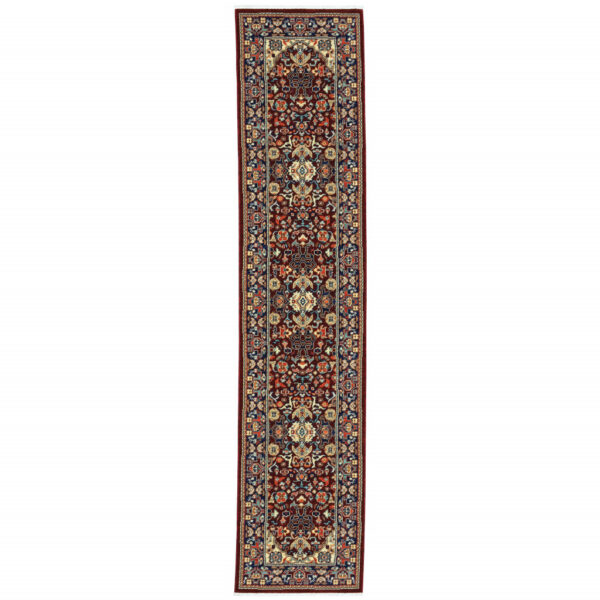 12' Blue And Red Genuine Wool Oriental Runner Rug With Fringe