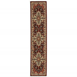 12' Red And Ivory Genuine Wool Oriental Runner Rug With Fringe
