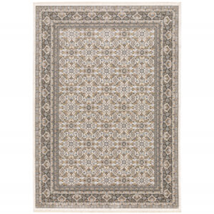 10' X 13' Ivory And Grey Oriental Power Loom Stain Resistant Area Rug With Fringe