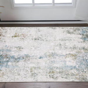 2' X 3' Ivory And Blue Abstract Printed Stain Resistant Non Skid Area Rug
