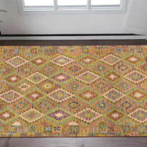 2' X 3' Gold Orange Brown Red Green Purple And Beige Southwestern Printed Stain Resistant Non Skid Area Rug