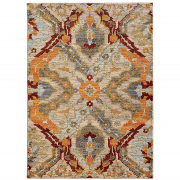 5' X 8' Beige Orange Blue Gold And Grey Abstract Power Loom Stain Resistant Area Rug - Image 2