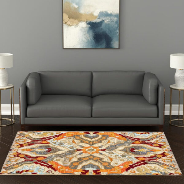 5' X 8' Beige Orange Blue Gold And Grey Abstract Power Loom Stain Resistant Area Rug