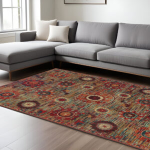 10' X 13' Red and Gold Floral Power Loom Area Rug