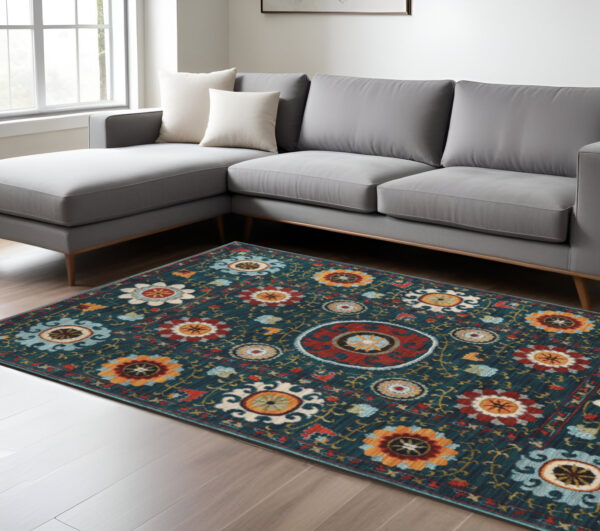 8' X 11' Teal Blue Floral Power Loom Area Rug