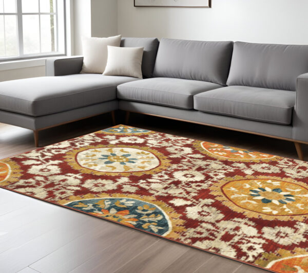 7' X 10' Red and Gold Oriental Power Loom Area Rug