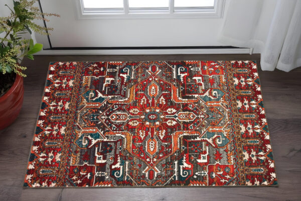2' X 3' Red Orange Blue And Grey Southwestern Power Loom Stain Resistant Area Rug