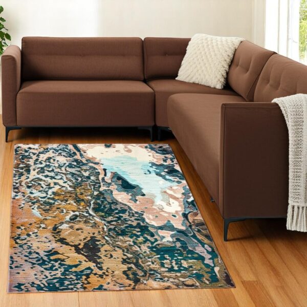 5' X 8' Blue Gold And Grey Abstract Power Loom Stain Resistant Area Rug