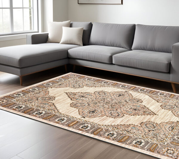 7' X 10' Gold and Ivory Oriental Power Loom Area Rug