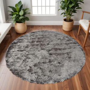 10' Gray And Black Round Shag Tufted Handmade Area Rug