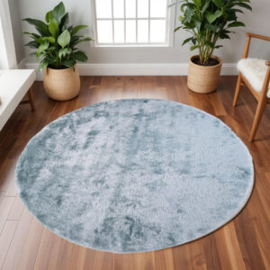 8' Blue and Silver Shag Hand Tufted Round Rug