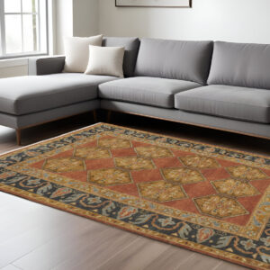 5' X 8' Tan Orange And Brown Wool Floral Hand Knotted Stain Resistant Area Rug
