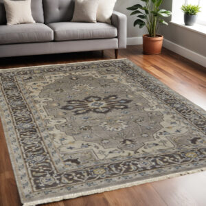 5' X 8' Gray Taupe And Blue Wool Floral Hand Knotted Stain Resistant Area Rug
