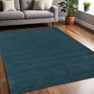 5' X 8' Blue And Green Wool Hand Woven Stain Resistant Area Rug