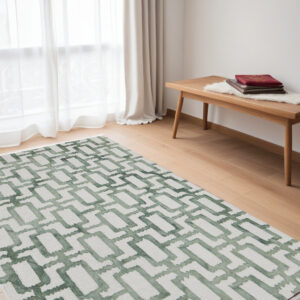 5' X 8' Green and Ivory Wool Geometric Hand Tufted Area Rug