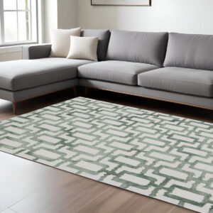 8' X 11' Ivory And Green Wool Geometric Tufted Handmade Area Rug
