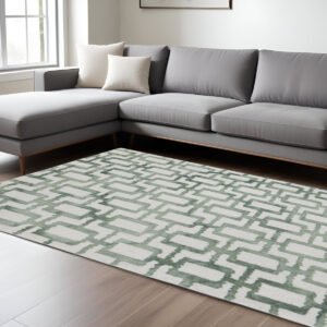 10' X 13' Ivory And Green Wool Geometric Tufted Handmade Area Rug