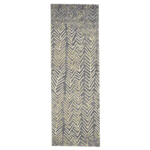 8' Gray and Yellow Geometric Power Loom Distressed Runner Rug
