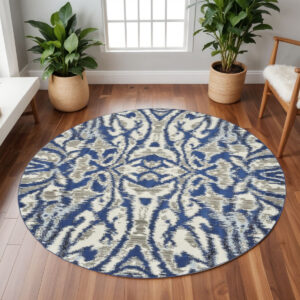 9' Blue and Ivory Round Ikat Distressed Area Rug
