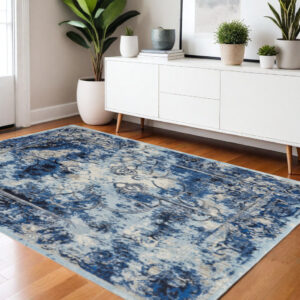 4' X 6' Blue Ivory And Gray Floral Distressed Stain Resistant Area Rug