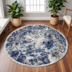 9' Blue And Ivory Floral Distressed Round Rug