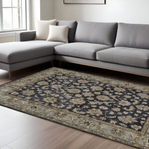 8' X 11' Blue Gray And Taupe Wool Floral Tufted Handmade Stain Resistant Area Rug