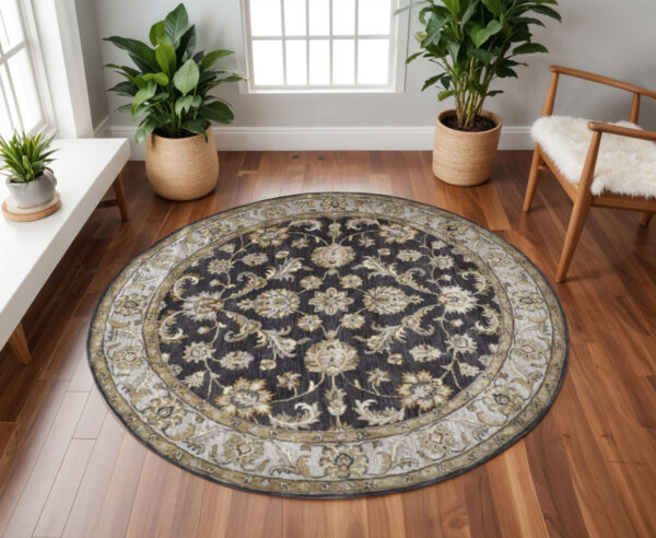 8' Blue Gray And Taupe Round Wool Floral Tufted Handmade Stain Resistant Area Rug