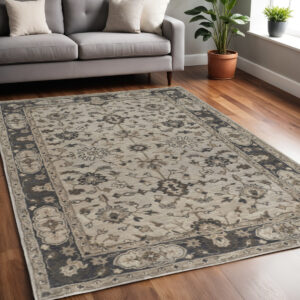 5' X 8' Gray and Ivory Wool Floral Hand Tufted Area Rug