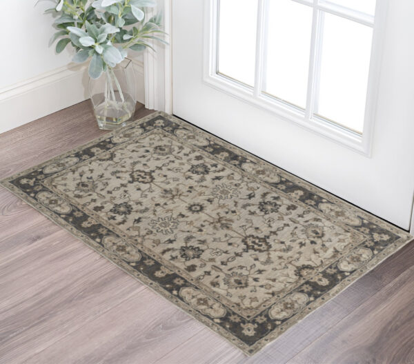 2' X 3' Gray Ivory And Taupe Wool Floral Tufted Handmade Stain Resistant Area Rug