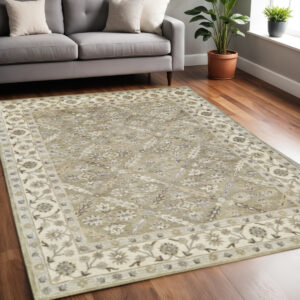 5' X 8' Green Brown And Taupe Wool Paisley Tufted Handmade Stain Resistant Area Rug