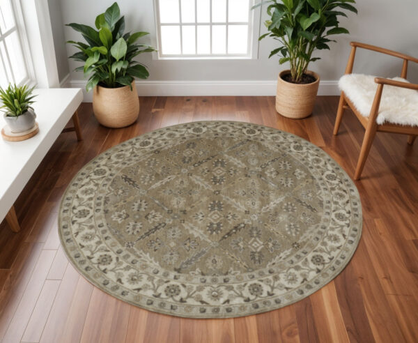 8' Green Brown And Taupe Round Wool Paisley Tufted Handmade Stain Resistant Area Rug
