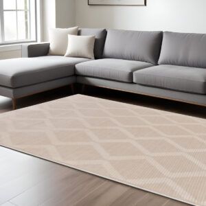 8' X 11' Ivory And Tan Geometric Stain Resistant Area Rug