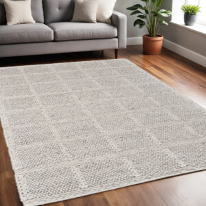 5' X 8' Gray and Ivory Wool Plaid Hand Woven Area Rug