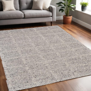 5' X 8' Gray and Ivory Wool Plaid Hand Woven Area Rug