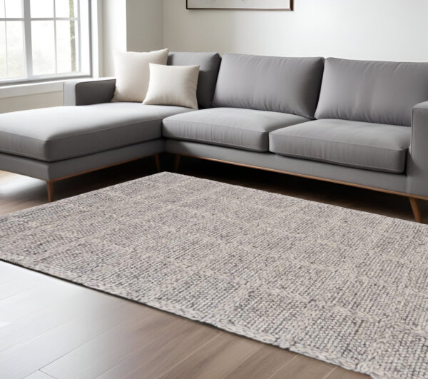 10' X 13' Gray and Ivory Wool Plaid Hand Woven Area Rug