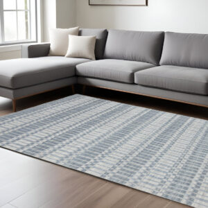 7' X 9' Blue Gray And Ivory Striped Hand Woven Area Rug