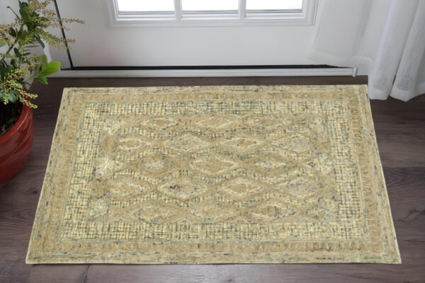 2' X 3' Tan Blue And Gray Wool Floral Tufted Handmade Stain Resistant Area Rug
