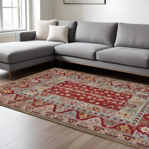 5' X 8' Red Blue And Brown Wool Floral Hand Knotted Distressed Stain Resistant Area Rug With Fringe